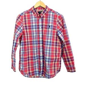 Ralph Lauren Boys Red Blue yellow white plaid button down long sleeve shirt L